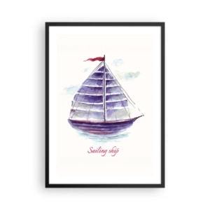 Póster en marco negro - Ilustración en acuarela de un velero en aguas tranquilas - 50x70cm - Velas izadas y aguas tranquilas - Decoración de pared moderna para salón y dormitorio ARTTOR