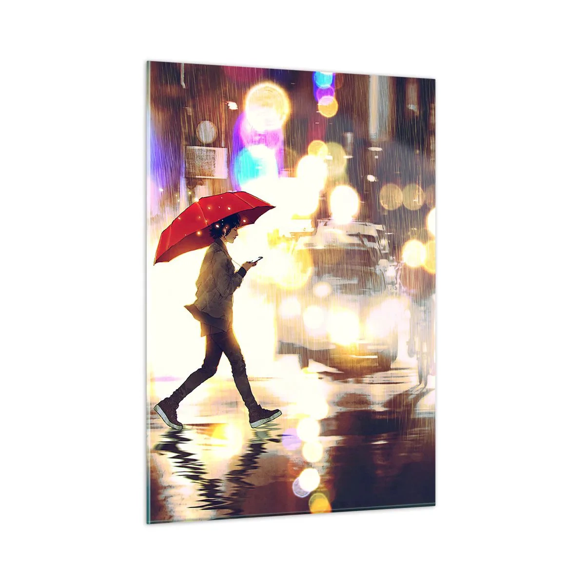 Cuadro sobre vidrio - Impresiones sobre Vidrio - Una figura con un paraguas rojo en una calle lluviosa por la noche. - 50x70cm - Saldrá el sol - Decoración de pared moderna para salón y dormitorio ARTTOR