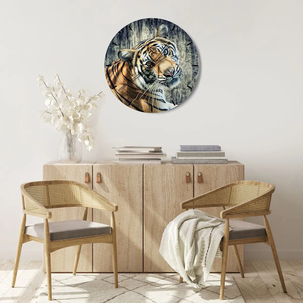 Reloj de pared - Reloj de vidrio - Retrato de un tigre contra un muro de piedra - 30x30cm - Retrato en corrientes de luz - Decoración de pared moderna para salón, cocina y dormitorio ARTTOR