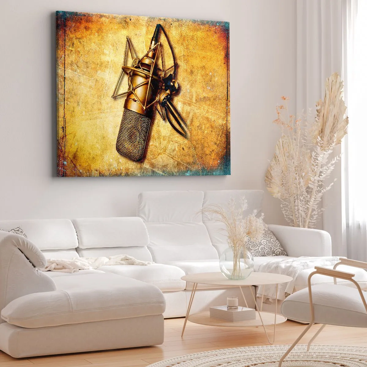 Cuadro sobre lienzo - Impresión de Imagen - Un micrófono de estudio dorado sobre un fondo vintage en tonos cálidos. - 70x50cm - Los años dorados de la radio - Decoración de pared moderna para salón y dormitorio ARTTOR