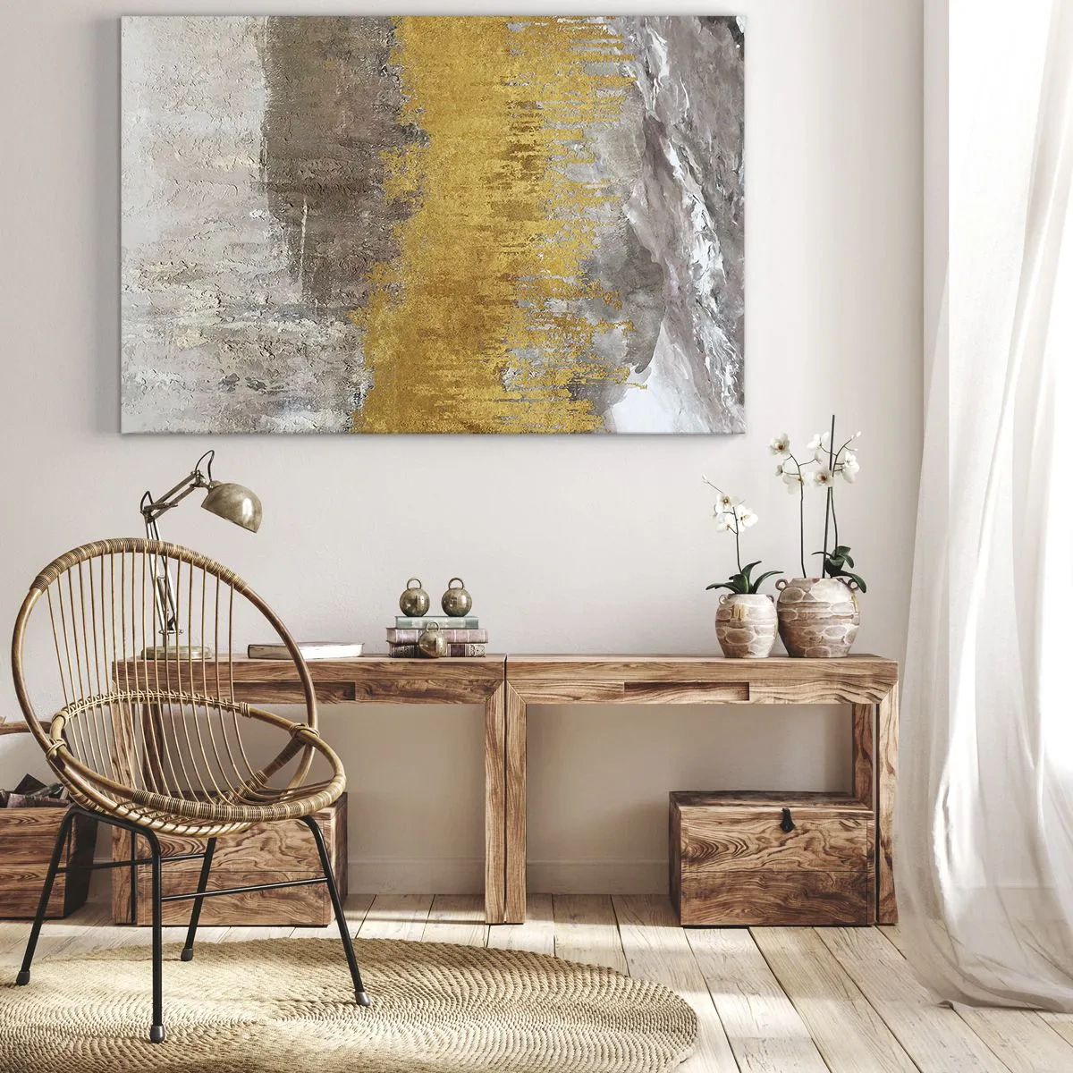 Cuadro sobre lienzo - Impresión de Imagen - Patrón abstracto dorado y beige - 70x50cm - Una ráfaga dorada - Decoración de pared moderna para salón y dormitorio ARTTOR
