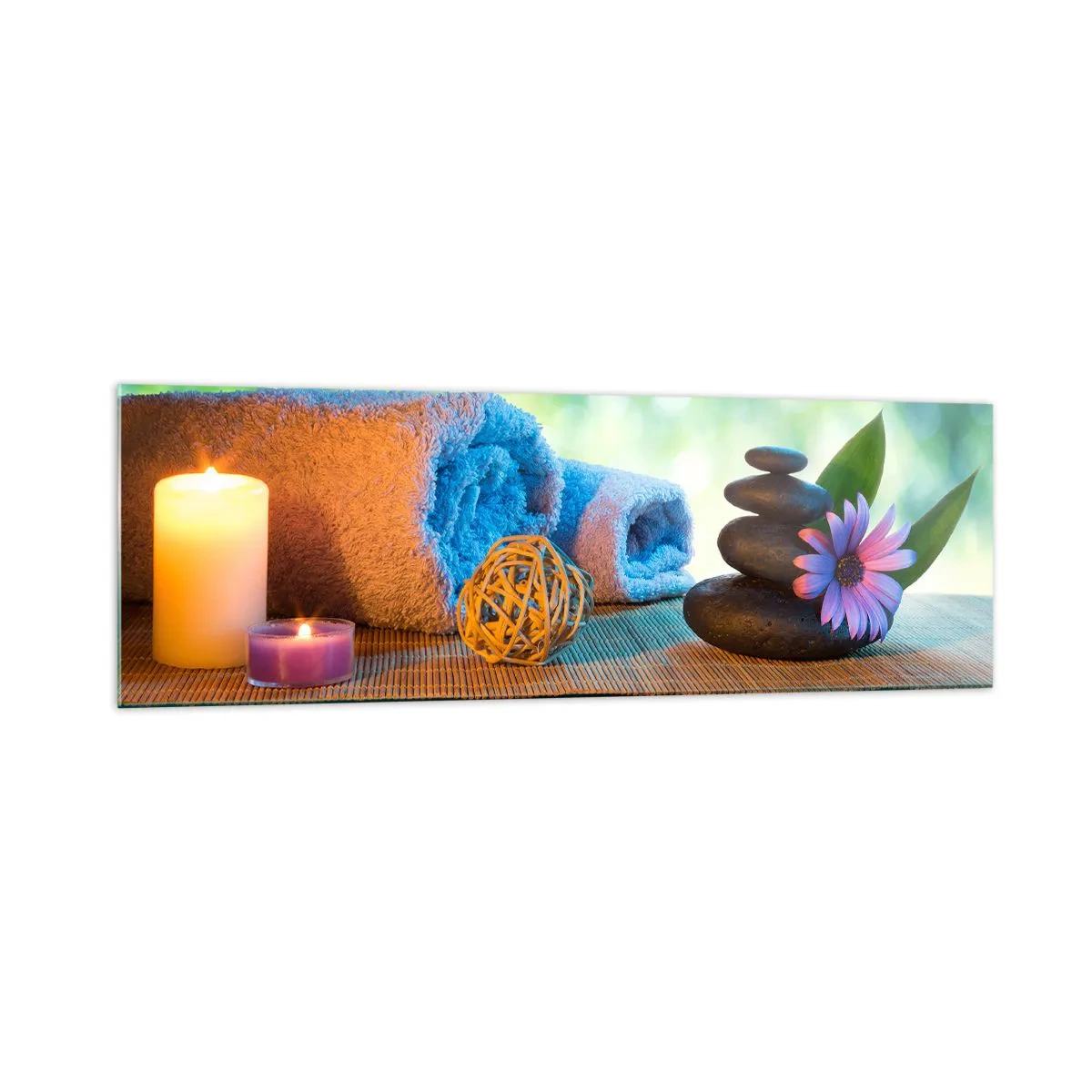 Cuadro sobre vidrio - Impresiones sobre Vidrio - Set de SPA relajante con toallas, velas y piedras - 160x50cm - Tiempo para el cuerpo - Decoración de pared moderna para salón y dormitorio ARTTOR