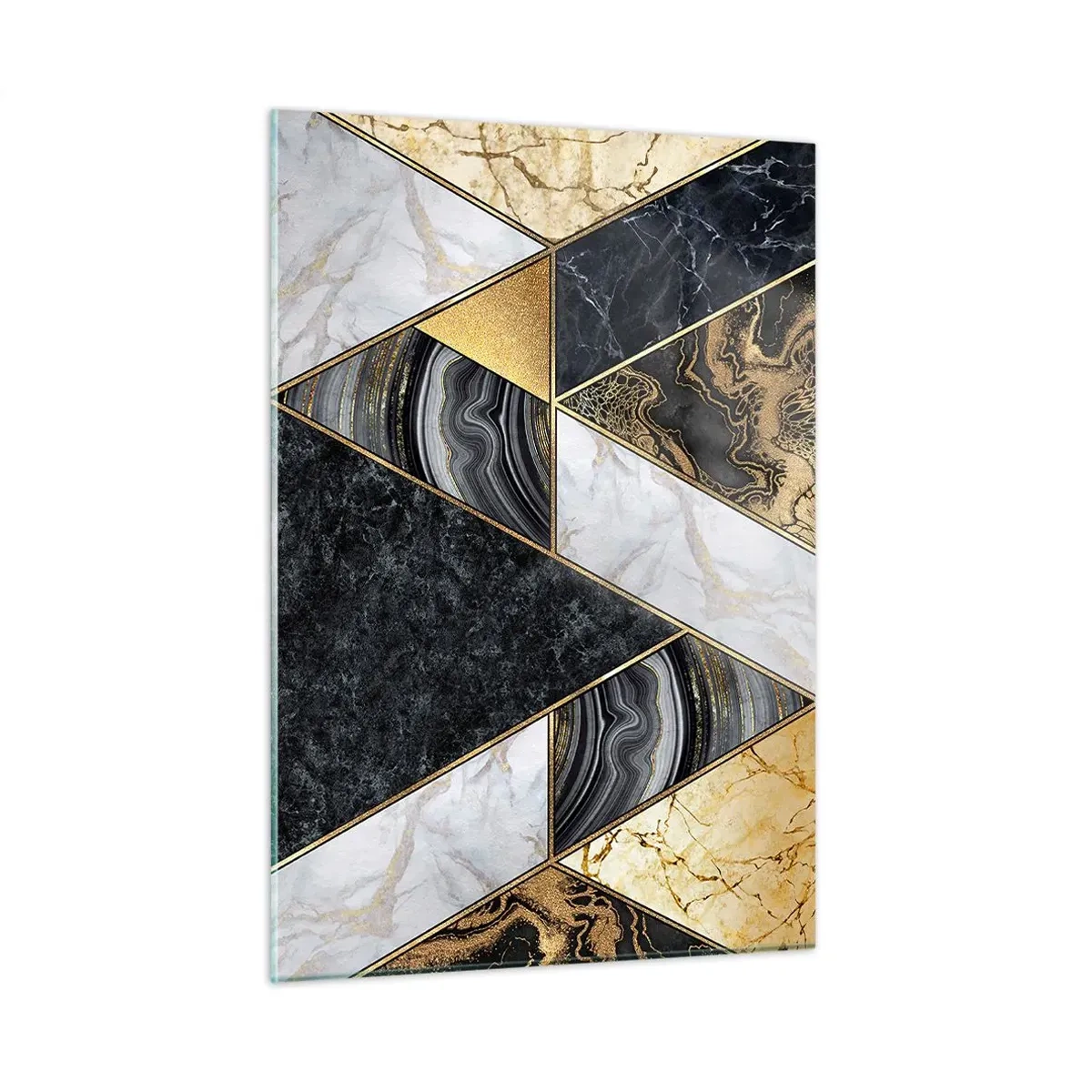 Cuadro sobre vidrio - Impresiones sobre Vidrio - Patrón geométrico de triángulos de mármol y oro. - 50x70cm - Collage de piedras - Decoración de pared moderna para salón y dormitorio ARTTOR