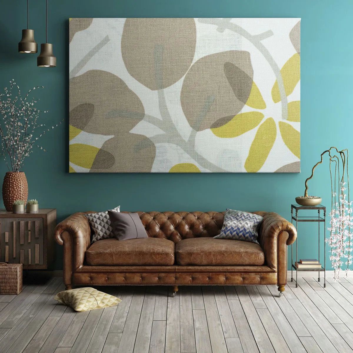 Cuadro sobre lienzo - Impresión de Imagen - Hojas abstractas en tonos beige y amarillo. - 70x50cm - Composición a pleno sol - Decoración de pared moderna para salón y dormitorio ARTTOR