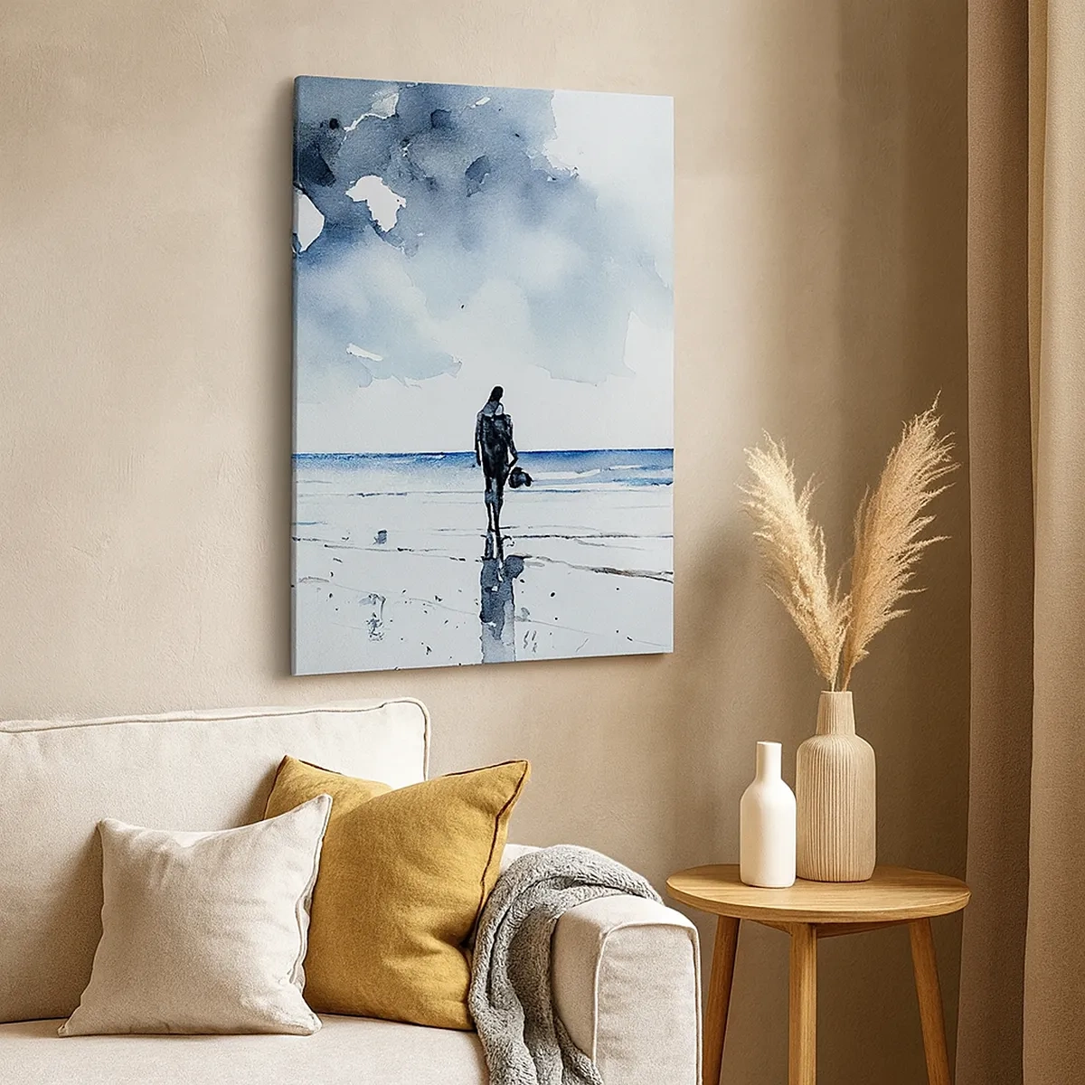 Cuadro sobre lienzo - Impresión de Imagen - Una figura en una playa en un entorno de mar tranquilo. - 50x70cm - Conversación con el mar - Decoración de pared moderna para salón y dormitorio ARTTOR