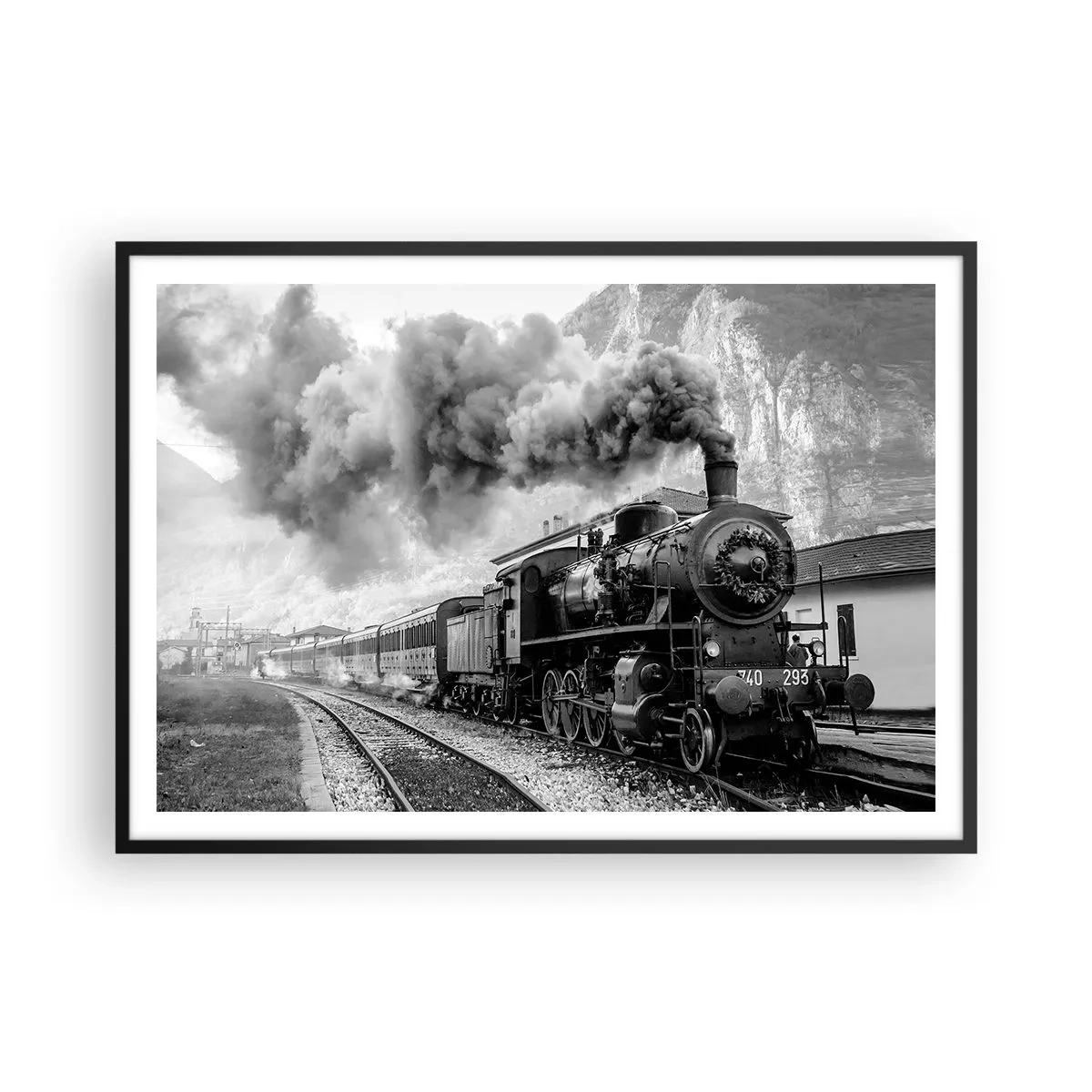 Póster en marco negro - Una locomotora de vapor en blanco y negro contra un paisaje montañoso. - 100x70cm - Rumbo a la estación... - Decoración de pared moderna para salón y dormitorio ARTTOR