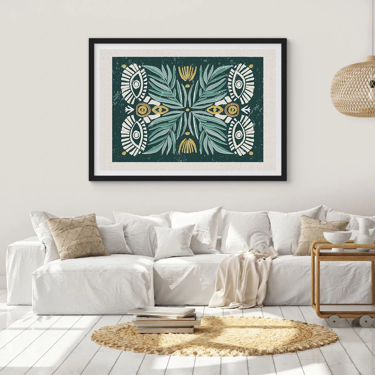 Póster en marco negro - Patrón de planta simétrica sobre un fondo verde. - 70x50cm - Como un recorte folclórico - Decoración de pared moderna para salón y dormitorio ARTTOR