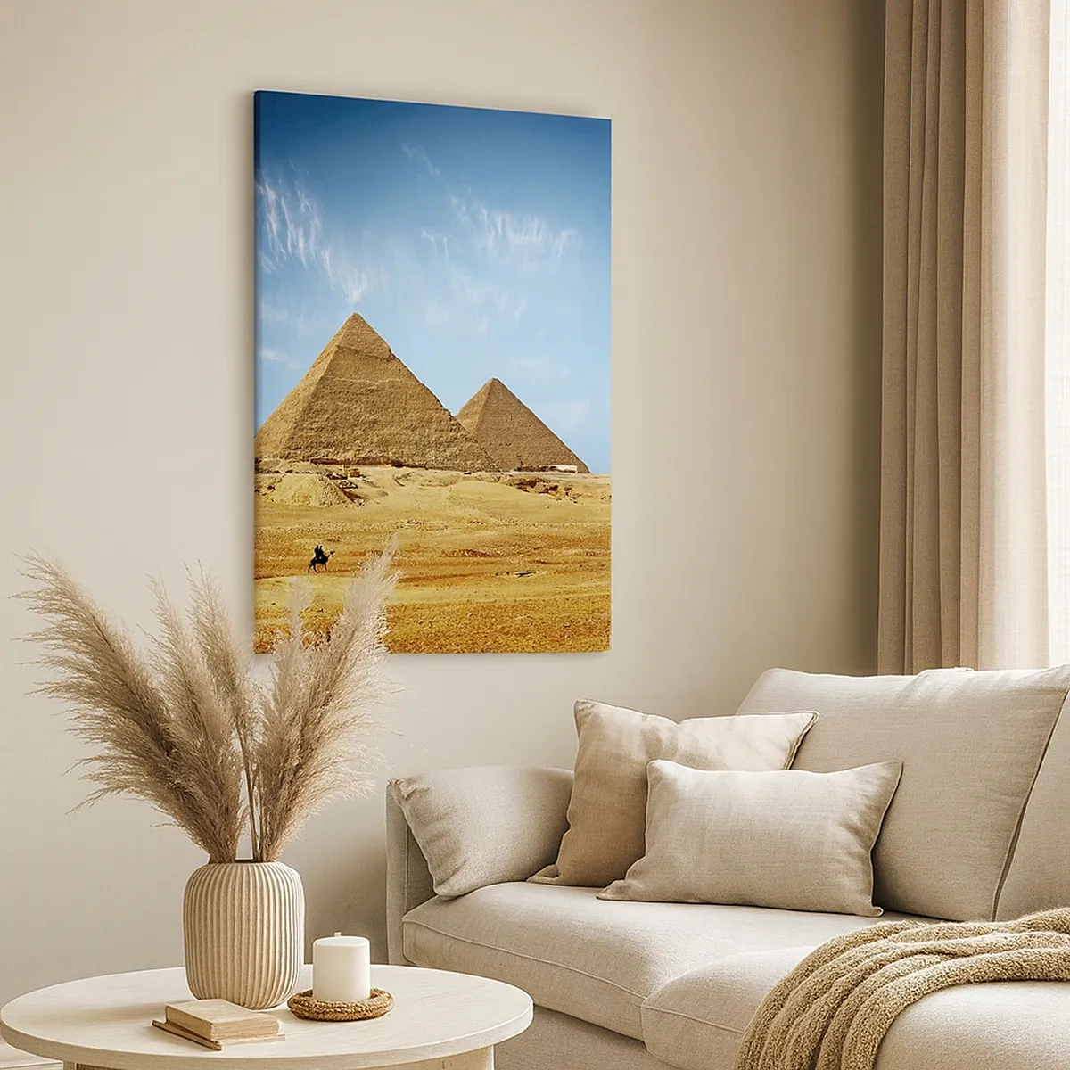 Cuadro sobre lienzo - Impresión de Imagen - Las pirámides de Giza contra un cielo azul y un paisaje desértico. - 50x70cm - 40 siglos te observan - Decoración de pared moderna para salón y dormitorio ARTTOR