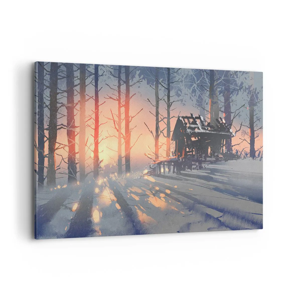 Cuadro sobre lienzo - Impresión de Imagen - Una cabaña forestal en un paisaje invernal con los rayos del sol poniente. - 120x80cm - Solo el sol es testigo - Decoración de pared moderna para salón y dormitorio ARTTOR