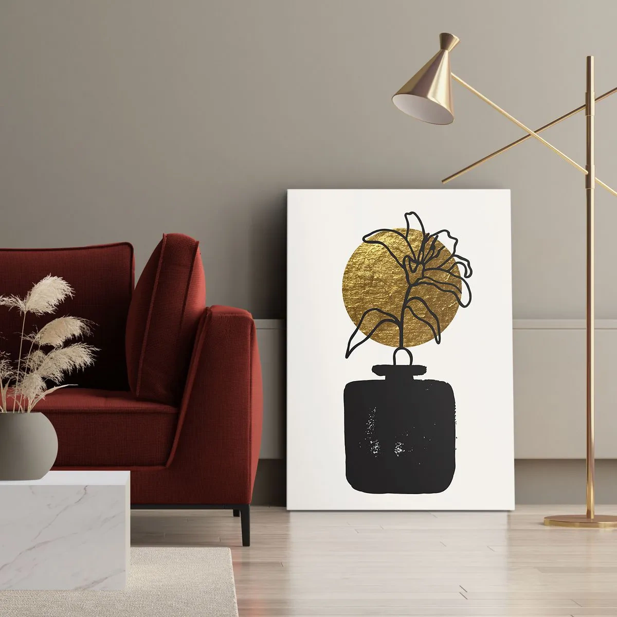 Cuadro sobre lienzo - Impresión de Imagen - Un dibujo de una flor en un jarrón sobre un fondo de círculo dorado. - 50x70cm - Belleza en equilibrio - Decoración de pared moderna para salón y dormitorio ARTTOR