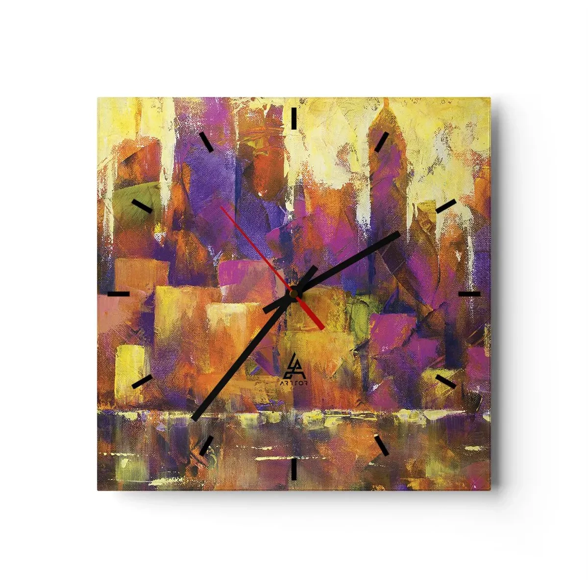 Reloj de pared - Reloj de vidrio - Composición abstracta de una metrópolis en tonos amarillos y morados. - 30x30cm - Composición metropolitana - Decoración de pared moderna para salón y dormitorio ARTTOR