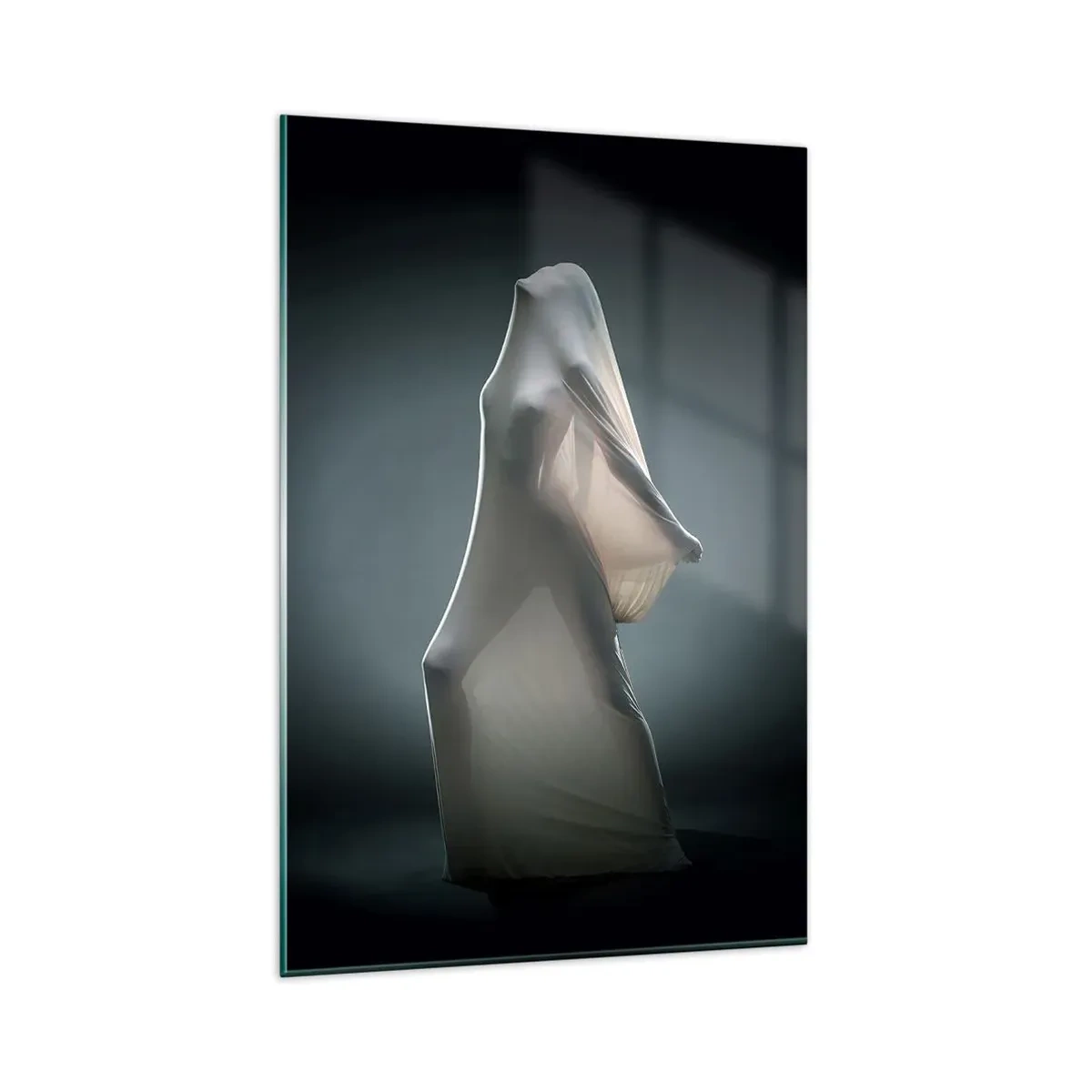 Cuadro sobre vidrio - Impresiones sobre Vidrio - Una figura en tela blanca sobre un fondo oscuro. - 80x120cm - Deseos ocultos - Decoración de pared moderna para salón y dormitorio ARTTOR