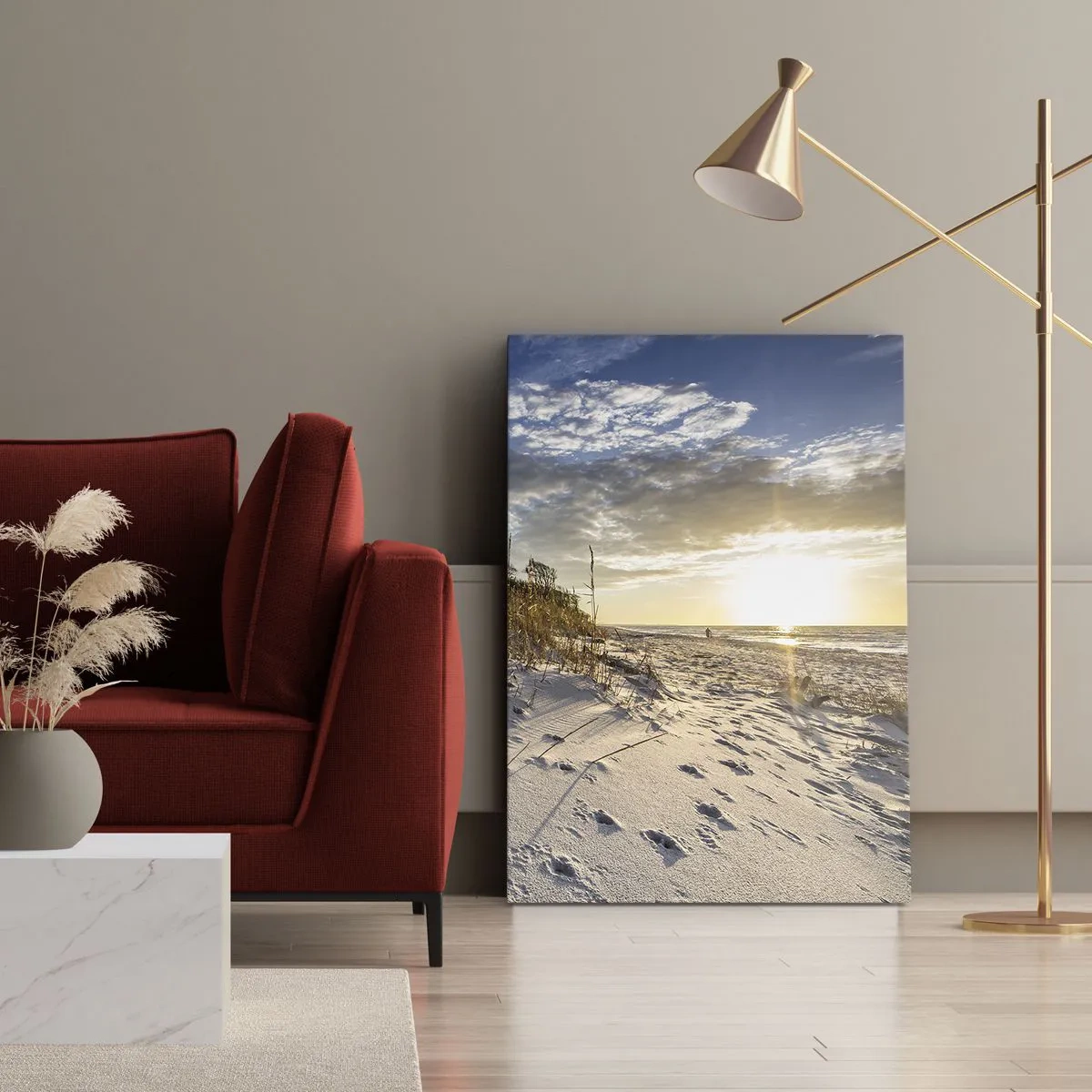 Cuadro sobre lienzo - Impresión de Imagen - Dunas con hierba y huellas en la arena al atardecer - 50x70cm - Invitación a un paseo - Decoración de pared moderna para salón y dormitorio ARTTOR