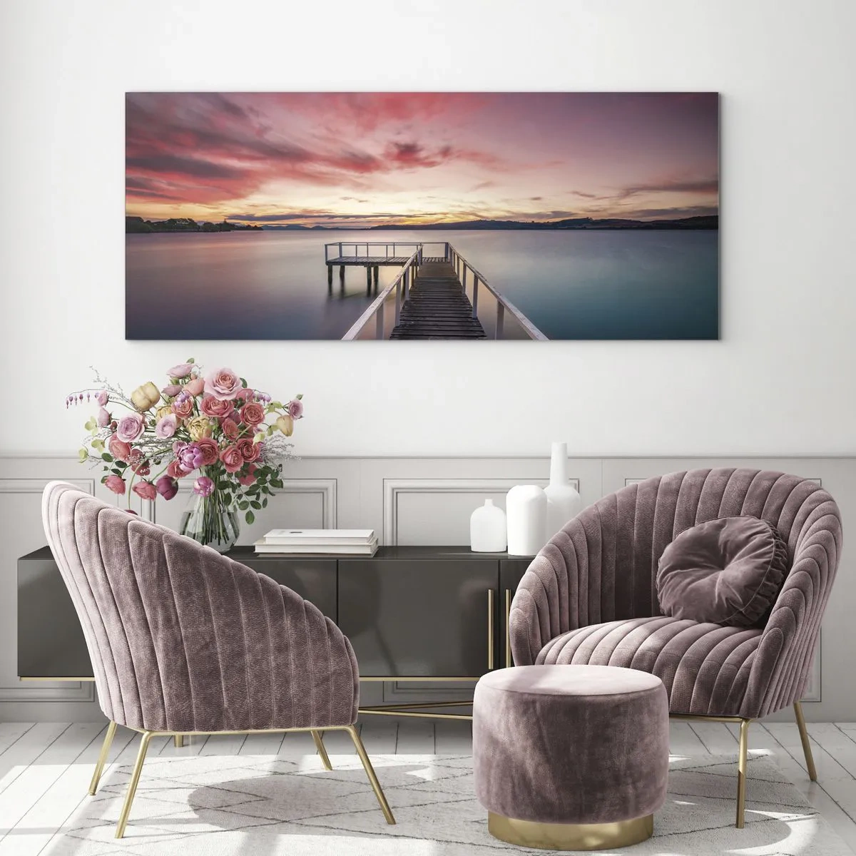 Cuadro sobre vidrio - Impresiones sobre Vidrio - Un embarcadero que conduce a un lago tranquilo al atardecer. - 160x50cm - La suave llama del atardecer - Decoración de pared moderna para salón y dormitorio ARTTOR