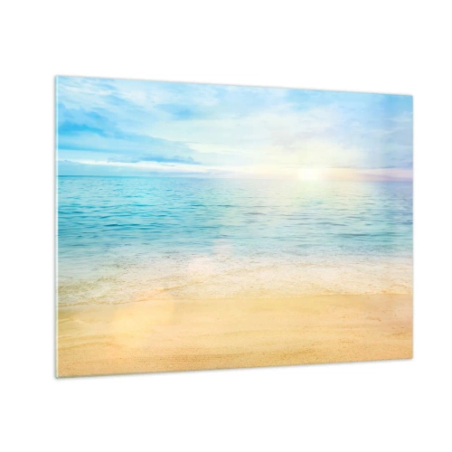 Cuadro sobre vidrio - Impresiones sobre Vidrio - Una playa soleada con mar y cielo azules. - 70x50cm - Gran cielo azul - Decoración de pared moderna para salón y dormitorio ARTTOR