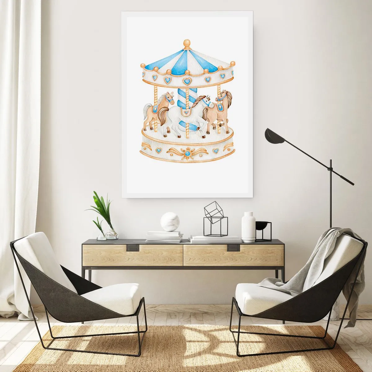Póster - Carrusel de acuarela en tonos pastel de azul y dorado. - 50x70cm - Dulce infancia - Decoración de pared moderna para salón y dormitorio ARTTOR