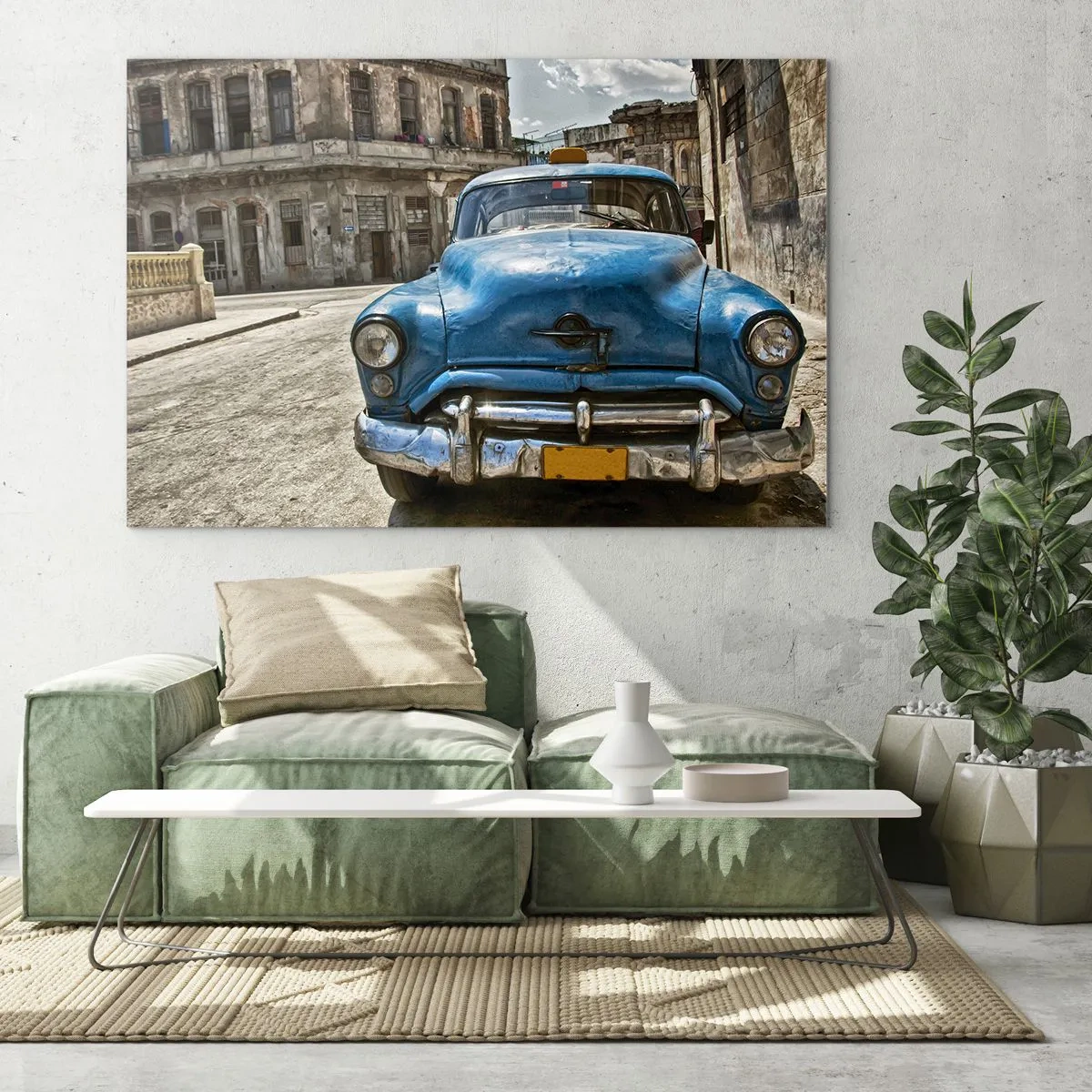 Cuadro sobre vidrio - Impresiones sobre Vidrio - Auto clásico cubano en las calles de La Habana - 100x70cm - Lo antiguo es hermoso - Decoración de pared moderna para salón y dormitorio ARTTOR
