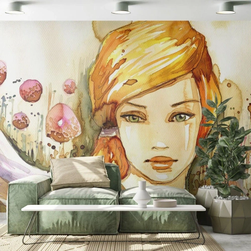 Fotomural Premium Sand - Ilustración en acuarela de una niña con cabello rojo. - 100x70cm - Una mirada que calma el alma - Decoración de pared moderna para salón y dormitorio ARTTOR