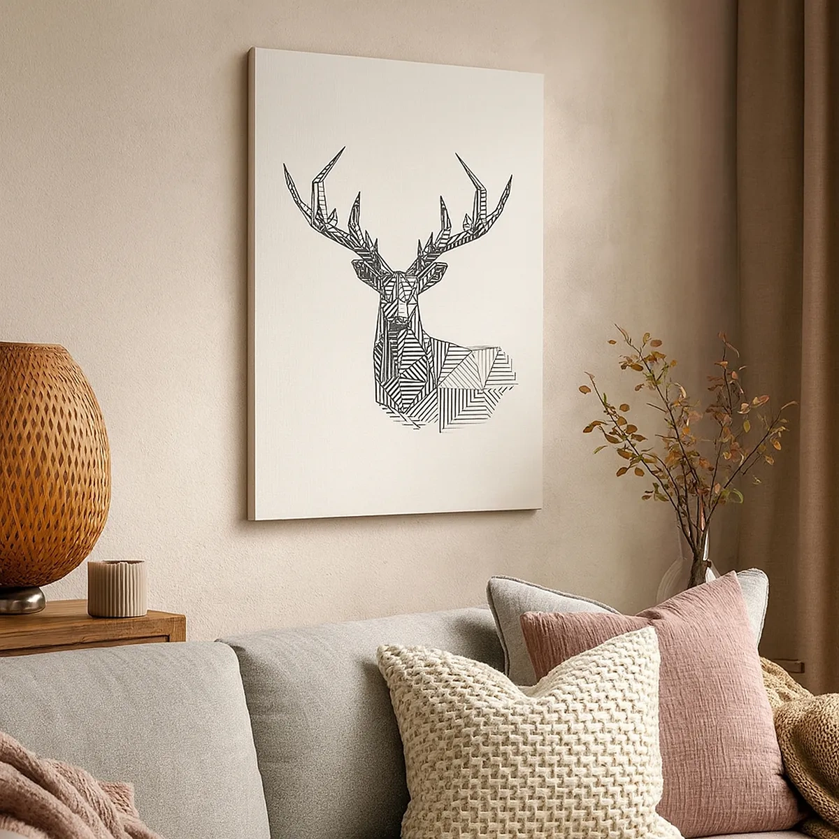 Cuadro sobre lienzo - Impresión de Imagen - Imagen geométrica de un ciervo en un estilo minimalista en blanco y negro. - 50x70cm - Ciervo en estilo cubista - Decoración de pared moderna para salón y dormitorio ARTTOR