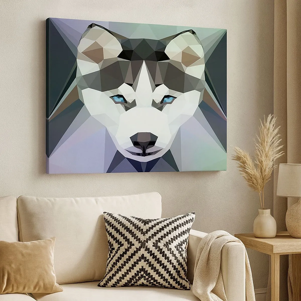 Cuadro sobre lienzo - Impresión de Imagen - Lobo geométrico con expresivos ojos azules. - 70x50cm - El recuerdo de las nieves del norte - Decoración de pared moderna para salón y dormitorio ARTTOR
