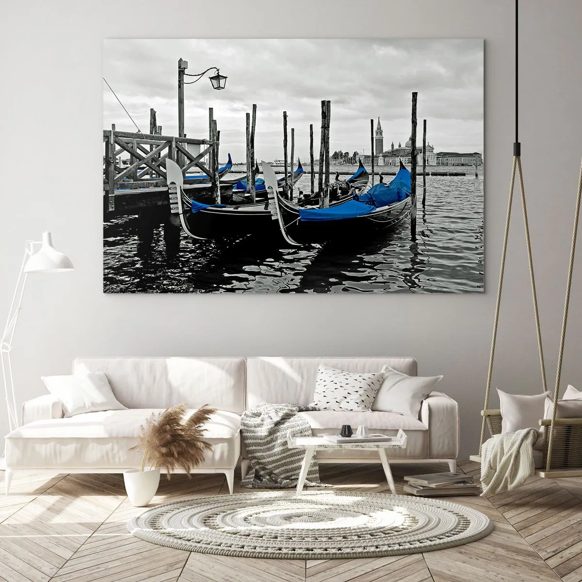 Cuadro sobre vidrio - Impresiones sobre Vidrio - Góndolas azules con el paisaje veneciano como telón de fondo - 120x80cm - Venecia en el pensamiento - Decoración de pared moderna para salón y dormitorio ARTTOR