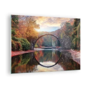 Cuadro sobre vidrio - Impresiones sobre Vidrio - Un puente de piedra reflejado en un lago en medio de un bosque otoñal. - 70x50cm - Al otro lado del espejo - Decoración de pared moderna para salón y dormitorio ARTTOR