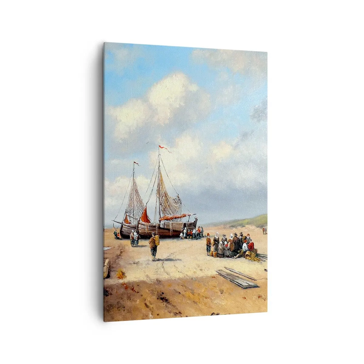 Cuadro sobre lienzo - Impresión de Imagen - Barcos de pesca en la playa con figuras humanas - 80x120cm - Después de una pesca exitosa - Decoración de pared moderna para salón y dormitorio ARTTOR