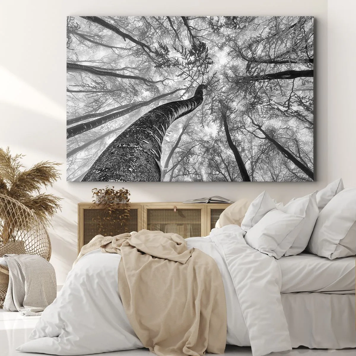Cuadro sobre lienzo - Impresión de Imagen - Perspectiva de árboles en un bosque vistos desde abajo en tonos de gris. - 70x50cm - Carrera hacia la luz - Decoración de pared moderna para salón y dormitorio ARTTOR