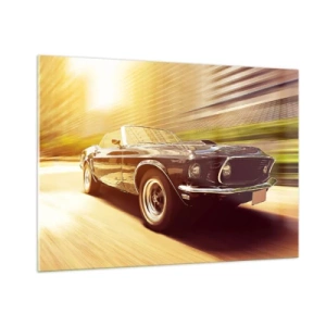 Cuadro sobre vidrio - Impresiones sobre Vidrio - Coche clásico en movimiento bajo la luz del sol. - 100x70cm - 1967 - El retorno de una leyenda - Decoración de pared moderna para salón y dormitorio ARTTOR