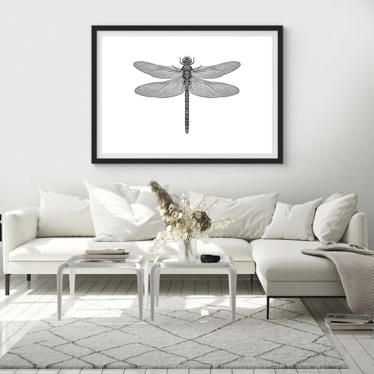 Póster en marco negro - Dibujo en blanco y negro de una libélula sobre un fondo blanco en estilo minimalista. - 100x70cm - Precisión de la naturaleza - Decoración de pared moderna para salón y dormitorio ARTTOR