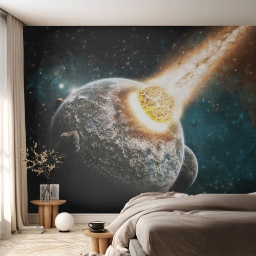 Fotomural Premium Sand - Colisión de un meteorito con un planeta en el espacio - 100x70cm - ¿Condena o nacimiento? - Decoración de pared moderna para salón y dormitorio ARTTOR