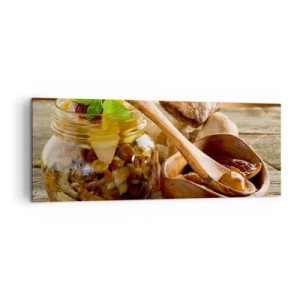 Cuadro sobre lienzo - Impresión de Imagen - Setas naturales en un tarro sobre una mesa rústica - 140x50cm - Ya sea fresco, o salado, o de temporada de otoño.... - Decoración de pared moderna para salón y dormitorio ARTTOR