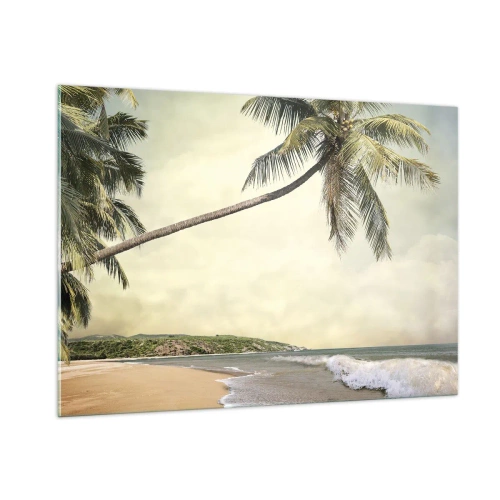 Cuadro sobre vidrio - Impresiones sobre Vidrio - Playa tropical con palmeras y olas. - 100x70cm - Sueño tropical - Decoración de pared moderna para salón y dormitorio ARTTOR