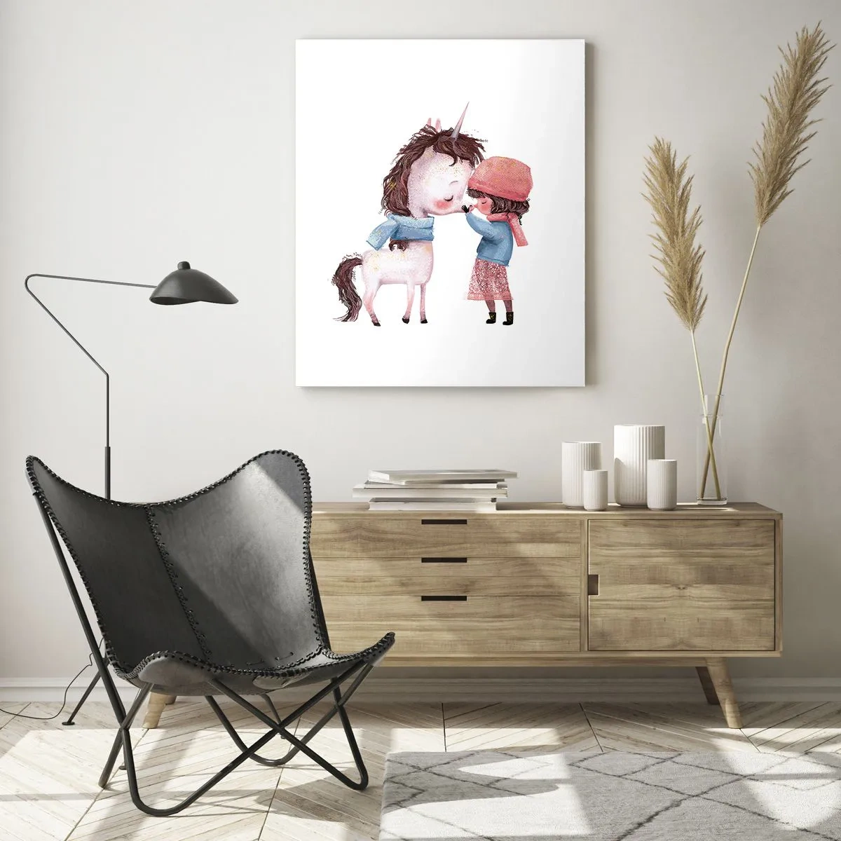 Cuadro sobre vidrio - Impresiones sobre Vidrio - Una niña y un unicornio en un paisaje invernal. - 80x120cm - Un cuento de invierno - Decoración de pared moderna para salón y dormitorio ARTTOR