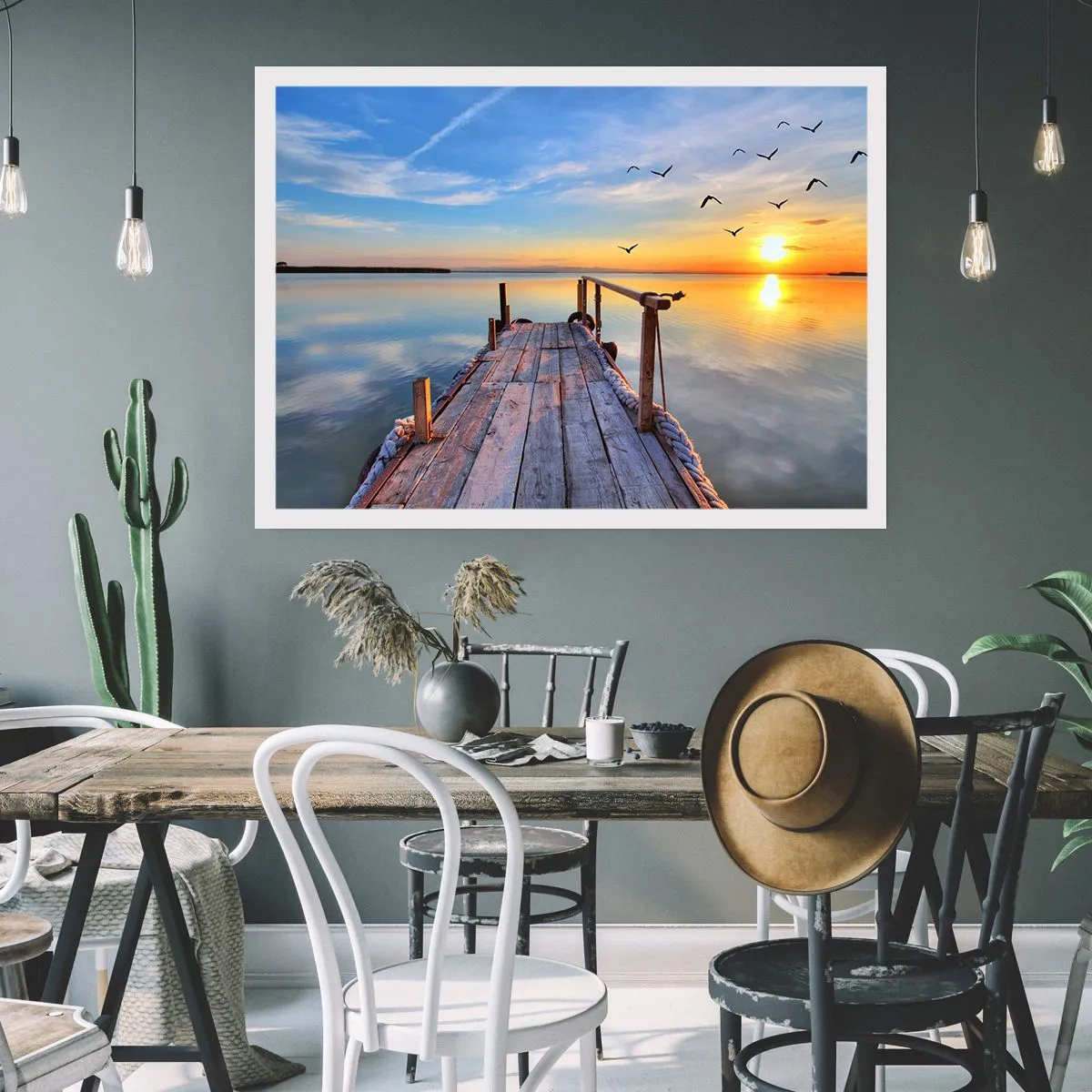 Póster - Muelle de madera al atardecer en un lago tranquilo - 100x70cm - Caminando hacia el sol - Decoración de pared moderna para salón y dormitorio ARTTOR