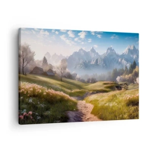 Cuadro sobre lienzo - Impresión de Imagen - Un valle de montaña con prados, cabañas y vistas a los picos. - 70x50cm - Valle idílico - Decoración de pared moderna para salón y dormitorio ARTTOR