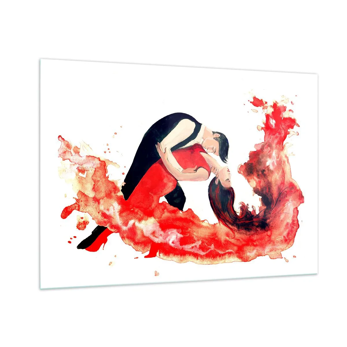 Cuadro sobre vidrio - Impresiones sobre Vidrio - Una pareja bailando en una composición dinámica de acuarela roja. - 100x70cm - El tango: una ola sensual - Decoración de pared moderna para salón y dormitorio ARTTOR