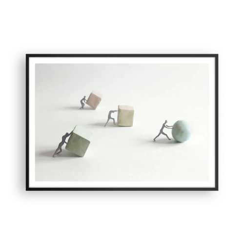 Póster en marco negro - Figuras en miniatura que empujan formas contra un fondo claro. - 100x70cm - El avance de la geometría - Decoración de pared moderna para salón y dormitorio ARTTOR