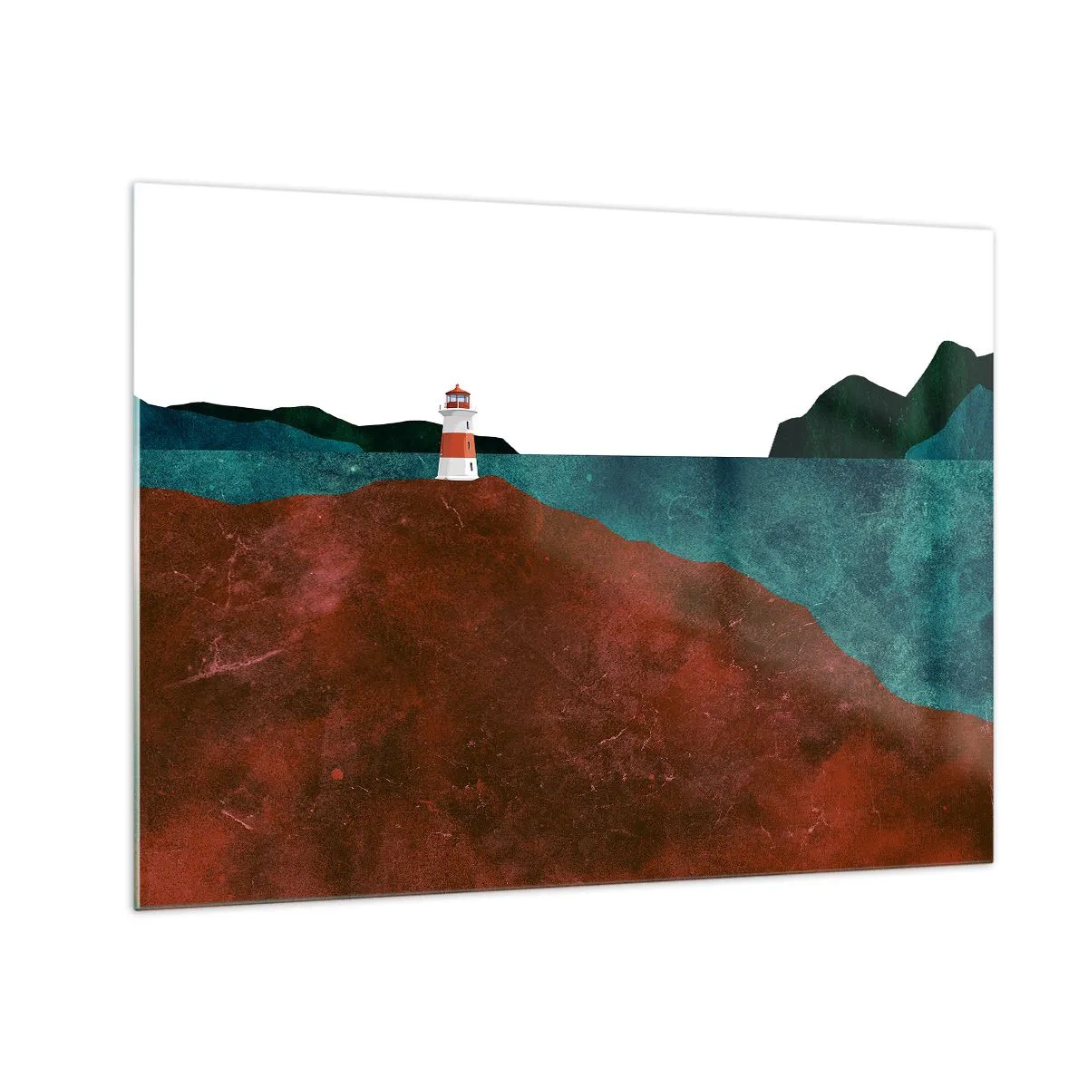 Cuadro sobre vidrio - Impresiones sobre Vidrio - Un faro con el mar turquesa y acantilados rojos como telón de fondo. - 70x50cm - Mirando al mar - Decoración de pared moderna para salón y dormitorio ARTTOR