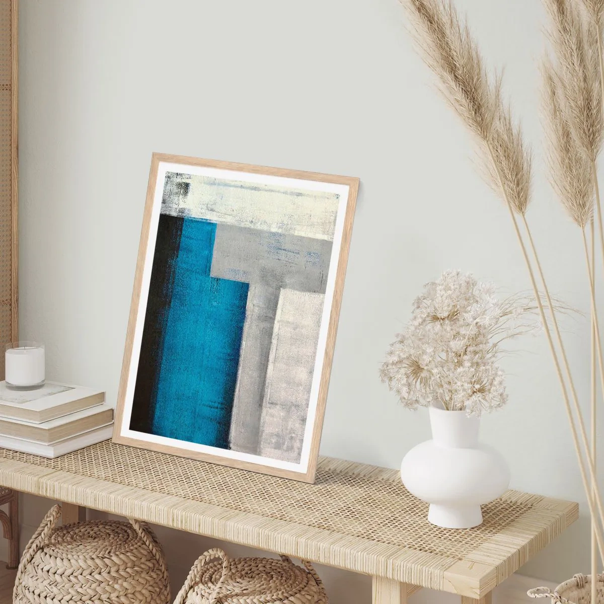 Póster en marco roble claro - Composición poética de gris y azul - 50x70 cm