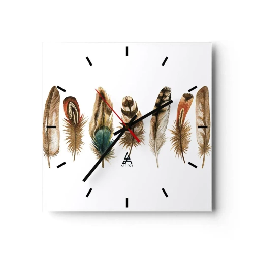 Reloj de pared - Reloj de vidrio - Motivo decorativo de una colección de varias plumas. - 30x30cm - Estudio de plumas - Decoración de pared moderna para salón y dormitorio ARTTOR