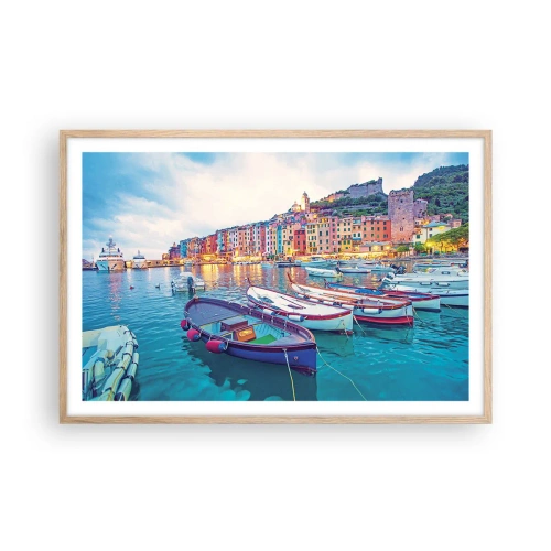 Póster en marco roble claro - Una noche colorida en el puerto - 91x61 cm