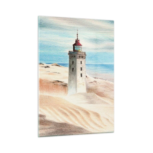 Cuadro sobre vidrio - Impresiones sobre Vidrio - Un faro en una duna del desierto junto a un mar en calma - 50x70cm - Siempre mirando al mar - Decoración de pared moderna para salón y dormitorio ARTTOR