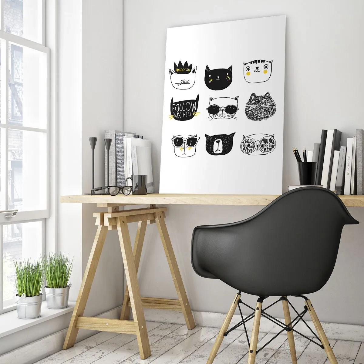 Cuadro sobre vidrio - Impresiones sobre Vidrio - Ilustraciones de adorables gatos en estilo minimalista. - 50x70cm - Cada uno diferente - Decoración de pared moderna para salón y dormitorio ARTTOR