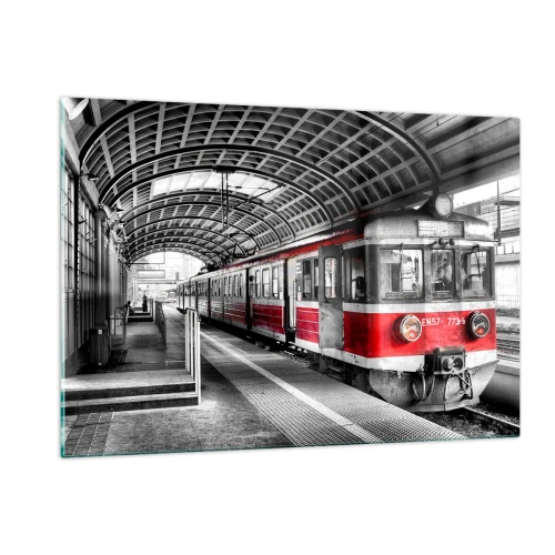 Cuadro sobre vidrio - Impresiones sobre Vidrio - Tren rojo en la estación bajo techo. - 120x80cm - ¿El viaje de su vida? - Decoración de pared moderna para salón y dormitorio ARTTOR