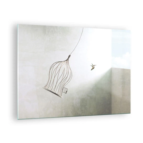 Cuadro sobre vidrio - Impresiones sobre Vidrio - Una jaula abierta y un colibrí volando a la luz del día. - 70x50cm - Aquí debo estar - Decoración de pared moderna para salón y dormitorio ARTTOR