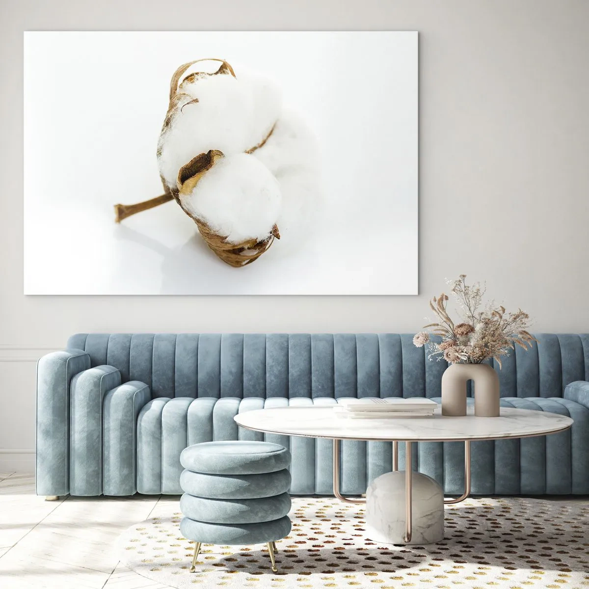 Cuadro sobre vidrio - Impresiones sobre Vidrio - Una sola flor de algodón esponjosa sobre un fondo blanco. - 70x50cm - Suave por naturaleza - Decoración de pared moderna para salón y dormitorio ARTTOR