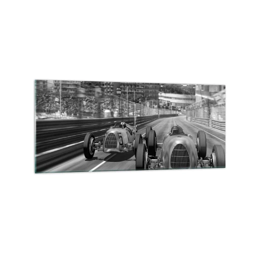 Cuadro sobre vidrio - Impresiones sobre Vidrio - Escena de carrera de coches retro monocromática - 120x50cm - Érase una vez en Montecarlo - Decoración de pared moderna para salón y dormitorio ARTTOR