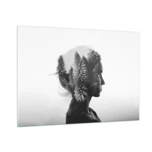 Cuadro sobre vidrio - Impresiones sobre Vidrio - Una mujer en blanco y negro con un motivo de bosque de coníferas superpuesto. - 100x70cm - La dama del bosque de pinos - Decoración de pared moderna para salón y dormitorio ARTTOR