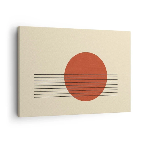 Cuadro sobre lienzo - Impresión de Imagen - Círculo rojo abstracto con líneas sobre fondo beige. - 70x50cm - Cruzando el círculo - Decoración de pared moderna para salón y dormitorio ARTTOR